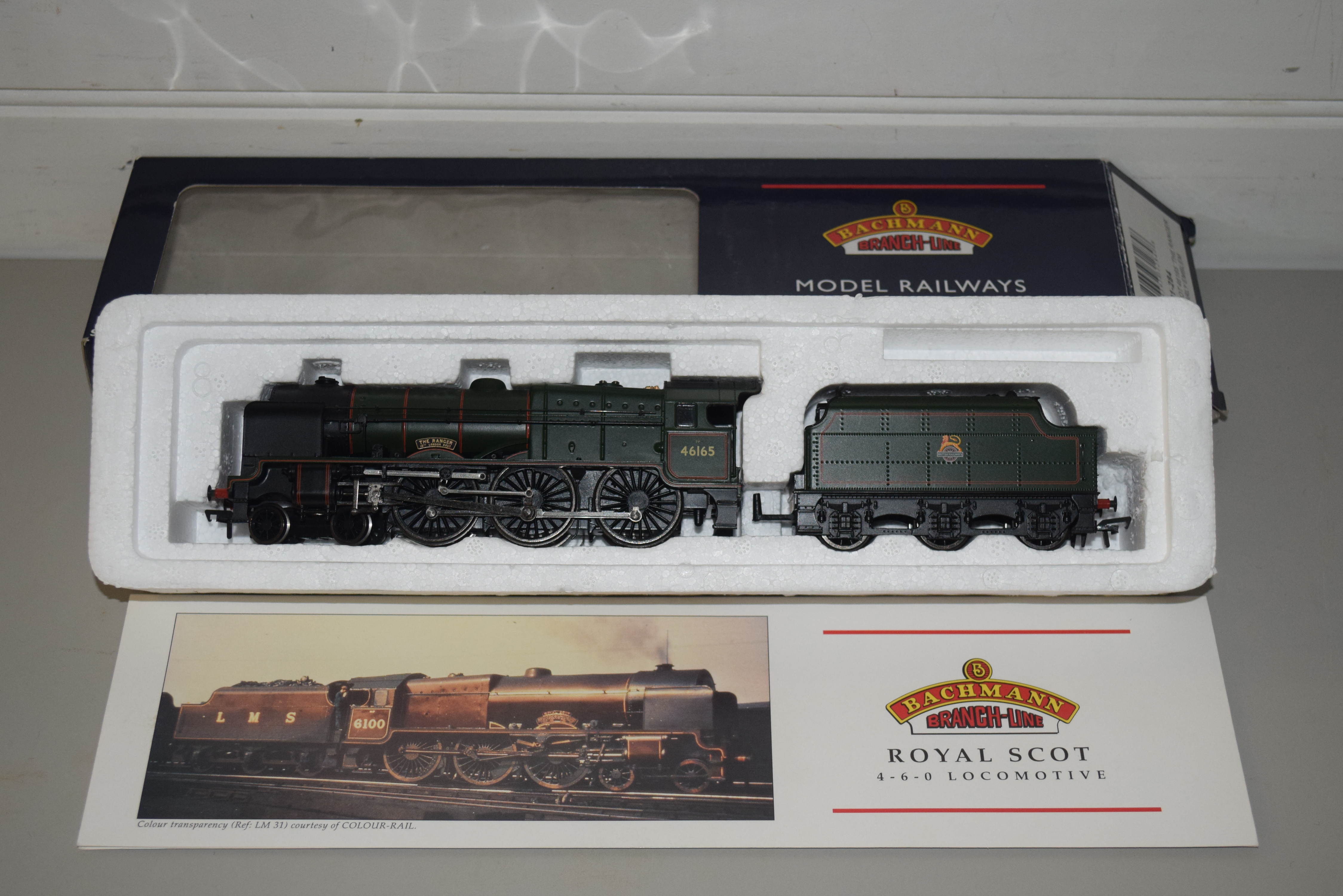 Boxed Bachmann 00 gauge 31-284 parallel boiler Scot "The Ranger" BR green, early emblem No 46165