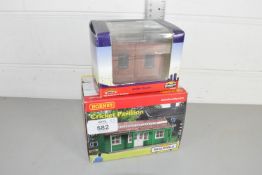 Boxed Hornby cricket pavilion no R8990, together with a Bachmann boiler house no 44-059