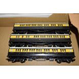 Group of three unboxed Hornby 00 gauge coaches in brown and cream livery