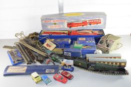 Box of vintage Hornby Dublo model railway items to include track, signals, Duchess of Montrose