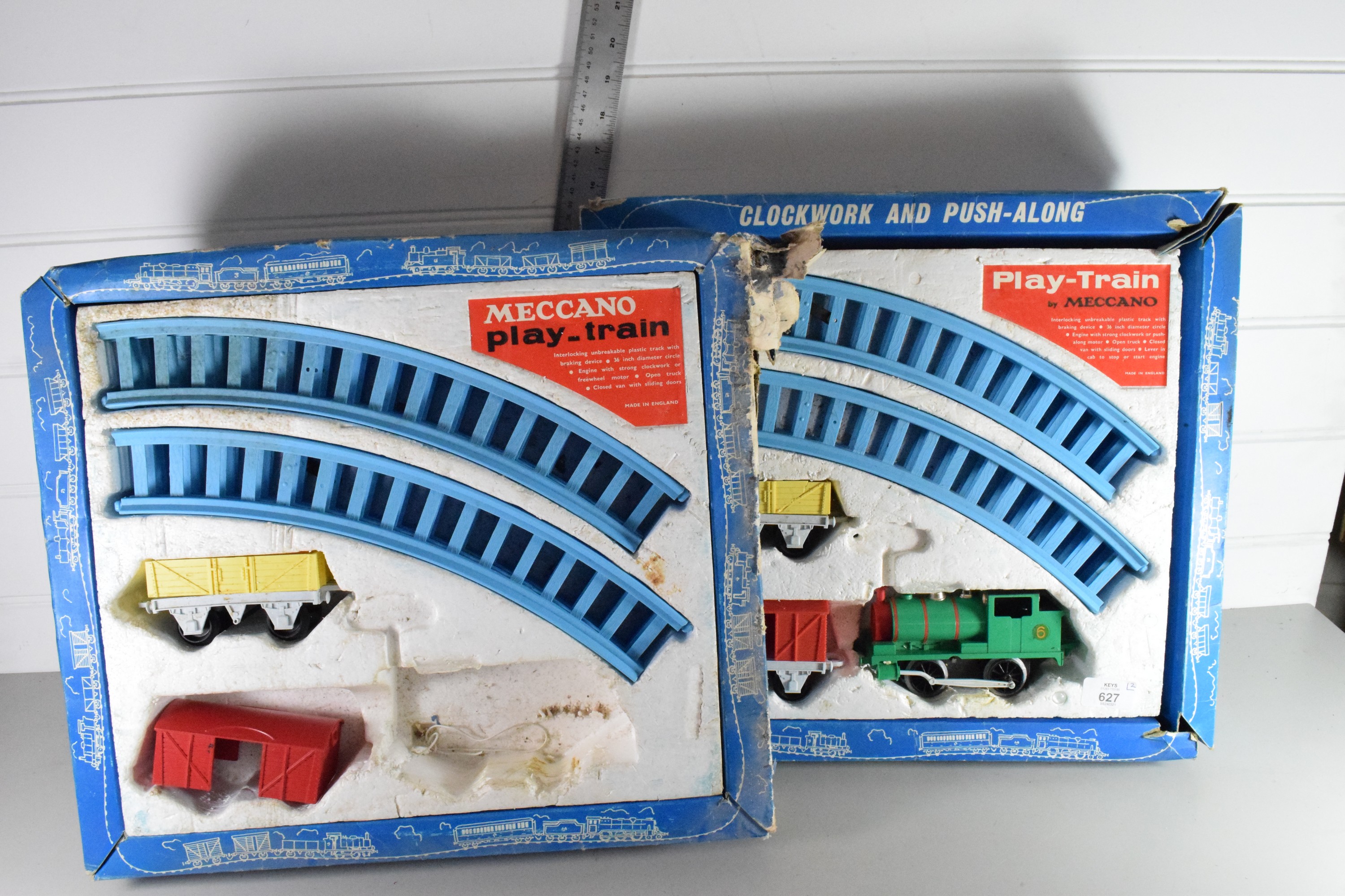 Two boxed play train sets by Meccano (partly missing)