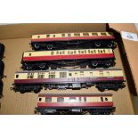 Group of four 00 gauge Hornby plus one other coaches in red and cream livery to include restaurant