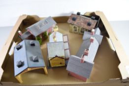 Group of card models of buildings to include railway stations, engine sheds etc