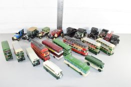 Box containing various unboxed model buses to include Corgi etc
