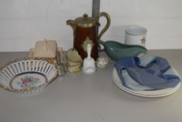 BOX CONTAINING CERAMICS, POTTERY BELL, CHEESE DISH AND COVER, WOODEN POT WITH BRASS MOUNTS ETC