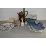 BOX CONTAINING CERAMICS, POTTERY BELL, CHEESE DISH AND COVER, WOODEN POT WITH BRASS MOUNTS ETC