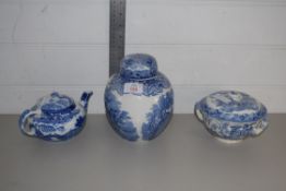 BLUE AND WHITE JAR, TEA POT AND SMALL TUREEN AND COVER