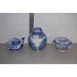 BLUE AND WHITE JAR, TEA POT AND SMALL TUREEN AND COVER