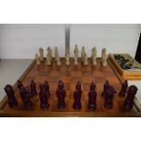 LARGE WOODEN CHESS BOARD WITH ISLE OF MAN STYLE CHESS PIECES