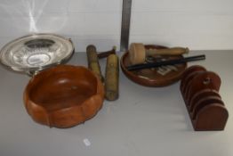 WOODEN TRAY, PLATED BOWL ETC