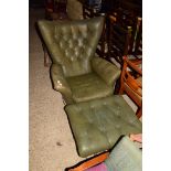 LEATHER UPHOLSTERED CHROME FRAMED ARMCHAIR AMD MATCHING BUTTON UPHOLSTERED FOOTSTOOL