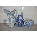 CHINESE PORCELAIN VASE DECORATED WITH PRUNUS ON BLUE GROUND, TOGETHER WITH A LARGE POTTERY JUG AND