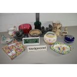 TRAY CONTAINING CERAMIC ITEMS, SMALL BOX AND COVER, JAMES CANT'S CUP AND SAUCER ETC