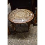 ANGLO-INDIAN INLAID TABLE WITH ELEPHANT CARVED LEGS, APPROX 46CM DIAM