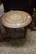 ANGLO-INDIAN INLAID TABLE WITH ELEPHANT CARVED LEGS, APPROX 46CM DIAM