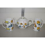 QTY OF CAT POTTERY BY PAUL CARDEW COMPRISING TEA POT AND TWO MUGS