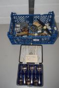 BOX CONTAINING THIMBLES AND PLATED SET OF TEA SPOONS AND TWO SMALL PAPERWEIGHTS