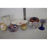 TRAY CONTAINING CERAMICS INCLUDING SMALL POOLE JUG, SMALL POOLE VASE AND COVER
