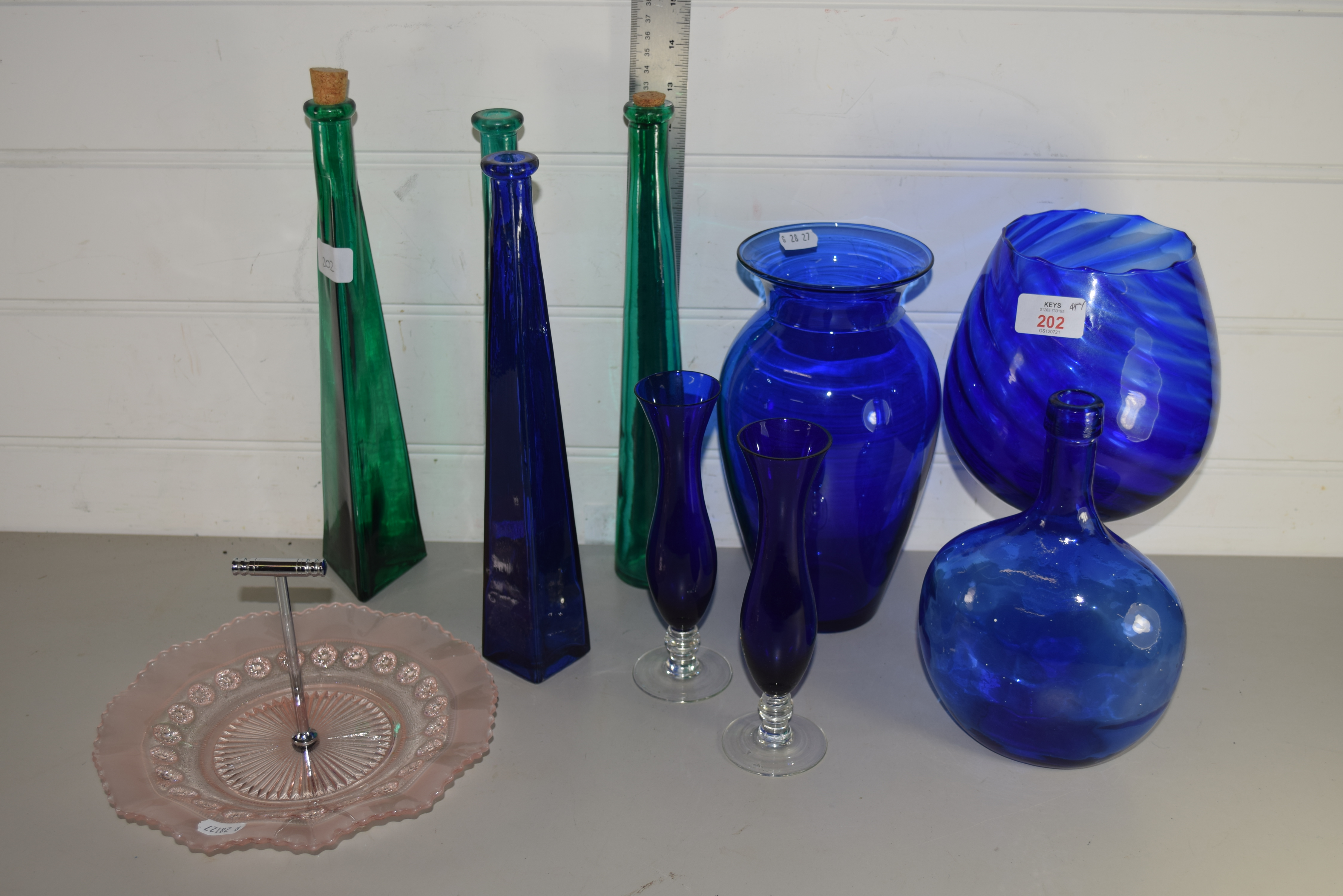 GLASS WARES, GREEN AND BLUE VASES