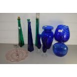 GLASS WARES, GREEN AND BLUE VASES