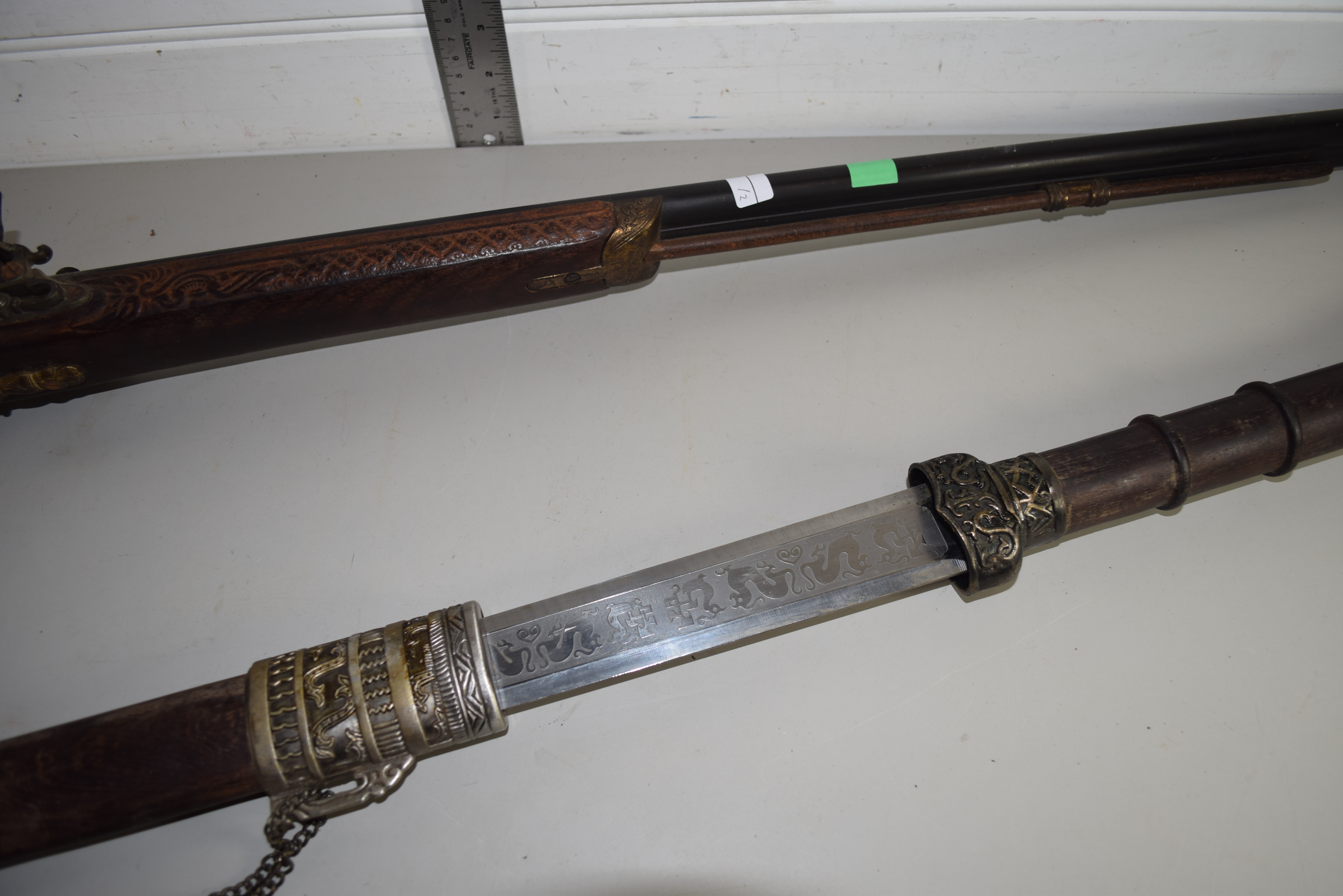 MIDDLE EASTERN STYLE DOUBLE BARREL FLINTLOCK SHOTGUN AND A SWORD - Image 2 of 3