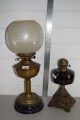 TWO BRASS OIL LAMPS, ONE WITH WHITE GLASS SHADE