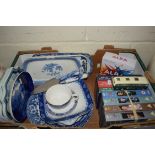 BOX CONTAINING BLUE AND WHITE CERAMIC WARES, DELFT PLAQUES ETC AND SOME VIDEOS