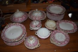 QTY OF VICTORIAN NEWSTONE CERAMIC DINNER SERVICE WITH QTY OF DINNER PLATES, TWO SERVING TUREENS