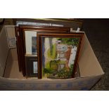 BOX CONTAINING QTY OF PICTURES, GROUP OF OWLS, WATERCOLOUR OF THE FAIRSTEAD CLEY ETC