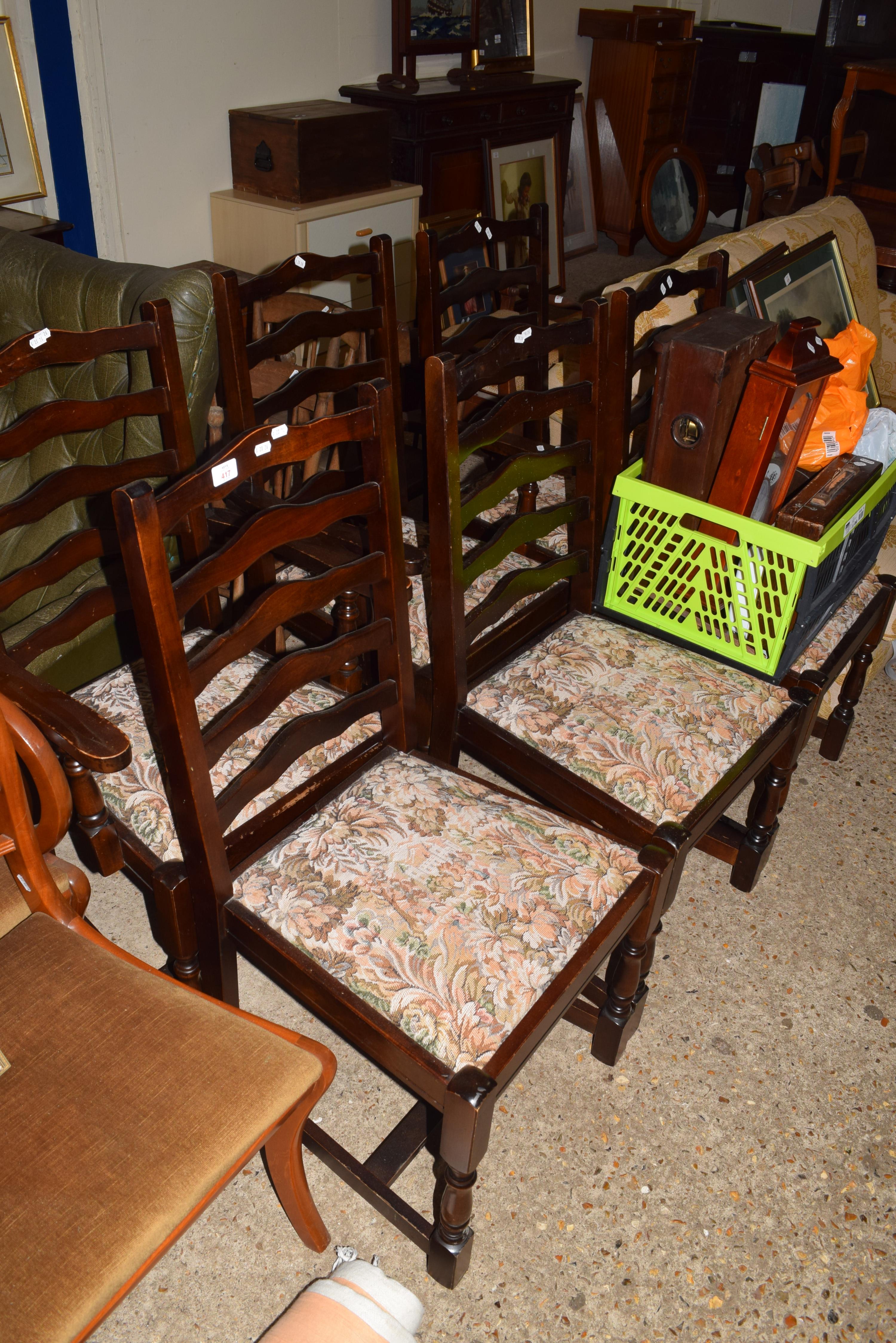 SET OF SIX UPHOLSTERED LADDERBACK DINING CHAIRS