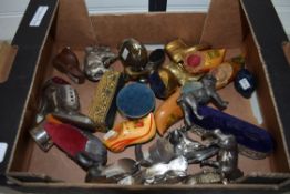 BOX CONTAINING VARIOUS WOOD AND METAL ITEMS INCLUDING PIN CUSHION SHAPED AS AN ELEPHANT, PIN CUSHION