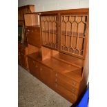 TEAK EFFECT GLAZED WALL UNIT, WIDTH APPROX 158CM