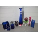GROUP OF ART GLASS WARES INCLUDING LARGE TAPERED BLUE COLOURED GLASS VASE
