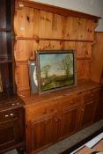 MODERN VARNISHED PINE KITCHEN DRESSER, WIDTH APPROX 138CM