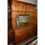 MODERN VARNISHED PINE KITCHEN DRESSER, WIDTH APPROX 138CM