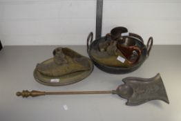 QTY OF METAL WARES, METAL TYPE CLOGS, COPPER TANKARD ETC