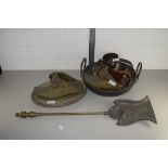 QTY OF METAL WARES, METAL TYPE CLOGS, COPPER TANKARD ETC