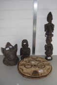 COLLECTION OF TRIBAL ART INCLUDING TOTEMS, TWO CARVED HEADS ETC