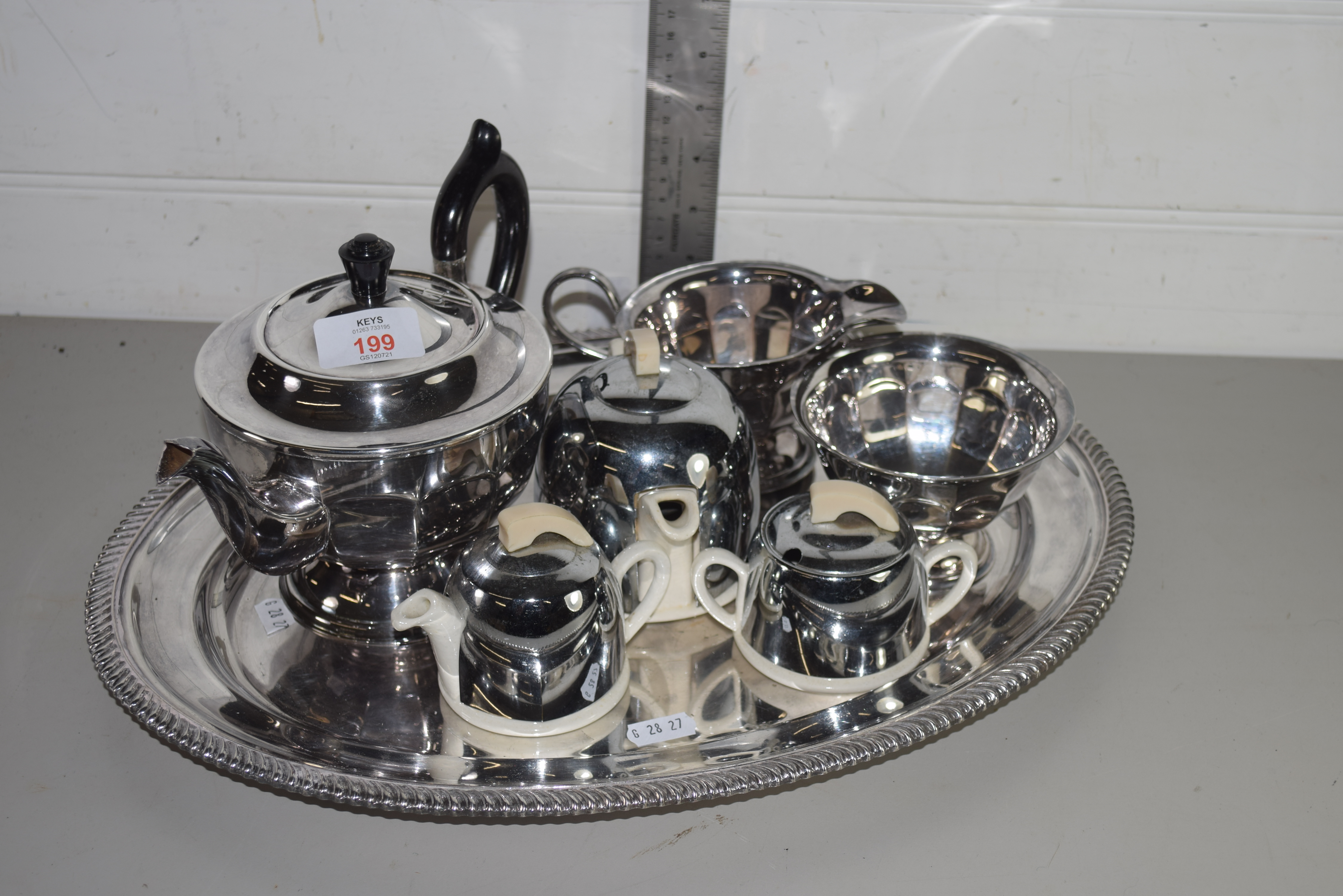 PLATED TRAY AND SMALL QTY OF TEA WARES AND PLATED TEA POT
