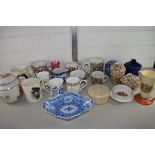 CERAMICS, MAINLY COMMEMORATIVE MUGS AND SMALL PEARLWARE SHAPED BLUE AND WHITE TRAY