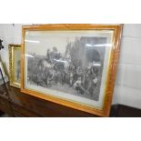 LARGE PRINT "MORNING OF THE CHASE, HADDON HALL IN DAYS OF YORE" IN MAPLE FRAME, WIDTH APPROX 110CM