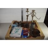 LARGE TRAY CONTAINING METAL ITEMS, CANDELABRA, PEWTER TANKARDS, CANDLESTICK ETC