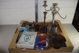 LARGE TRAY CONTAINING METAL ITEMS, CANDELABRA, PEWTER TANKARDS, CANDLESTICK ETC