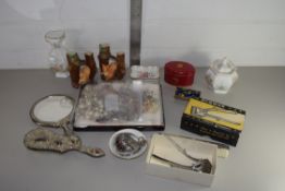 BOX CONTAINING CERAMICS AND PLATED HAIR BRUSH ETC