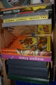 BOX CONTAINING CHILDREN'S ANNUALS, WAGONTRAIN, ROY ROGERS ETC