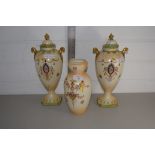 VASES BY CROWN DEVON, A PAIR WITH COVERS AND A FURTHER VASE (3)