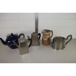 TRAY CONTAINING POTTERY JUG, PLATED TEA POT AND OTHER ITEMS