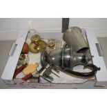 BOX CONTAINING PLATED WARES, PEWTER TANKARD, PLATED COFFEE POT, GLASS INKWELL ETC