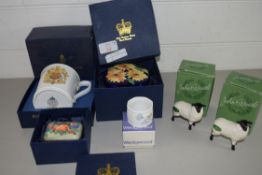 BOX OF TUPTON WARE, LARGE ENAMEL BOX AND COVER, ROYAL WORCESTER BOXED COMMEMORATIVE MUG, OLD