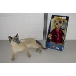 LARGE POTTERY FIGURE OF A SIAMESE CAT, PLUS A BOXED MODEL OF A MEERKAT